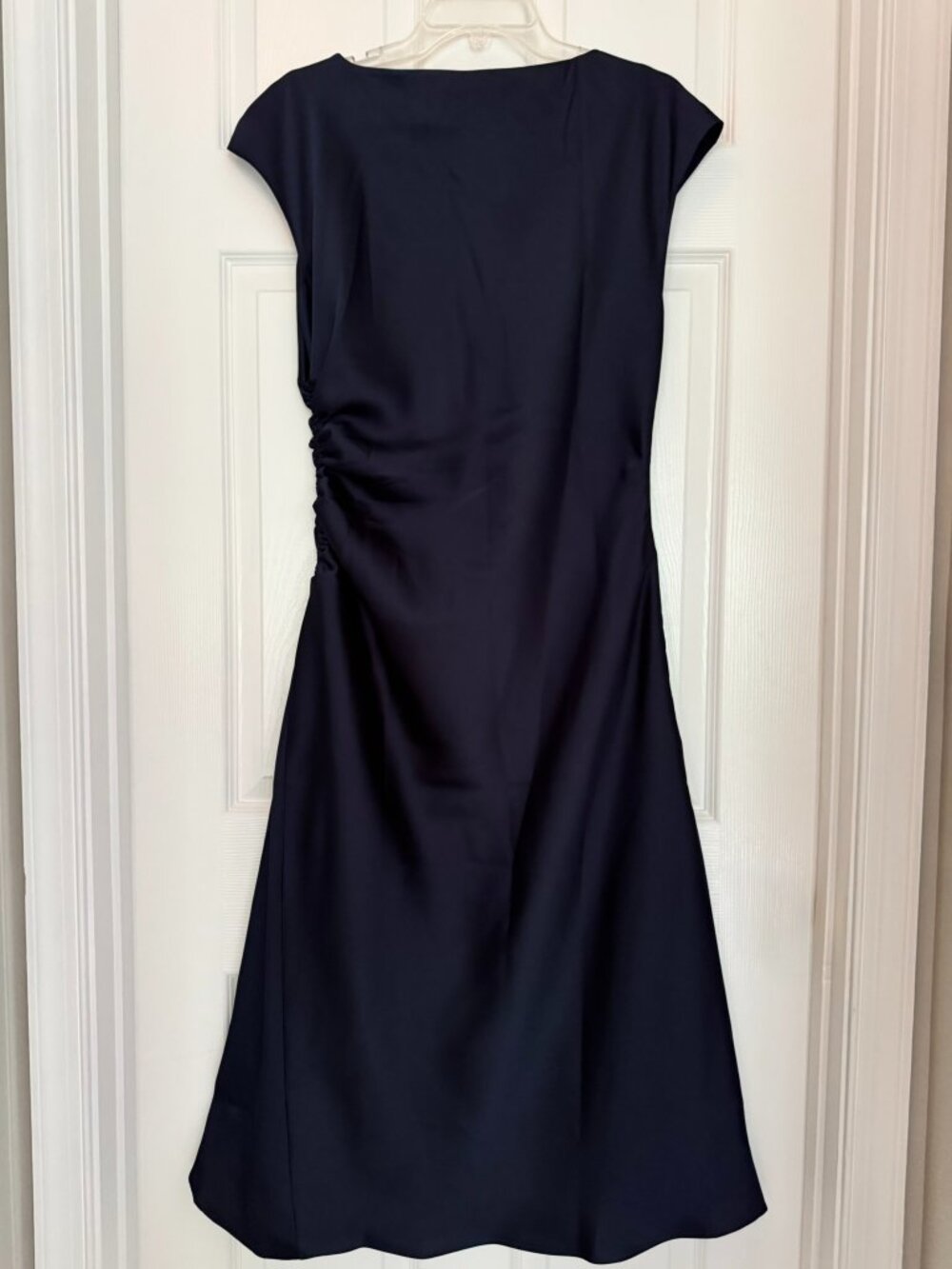 Banana Republic Navy Satin Shirred‑Side Midi Dress Boat Neck 12 NWT